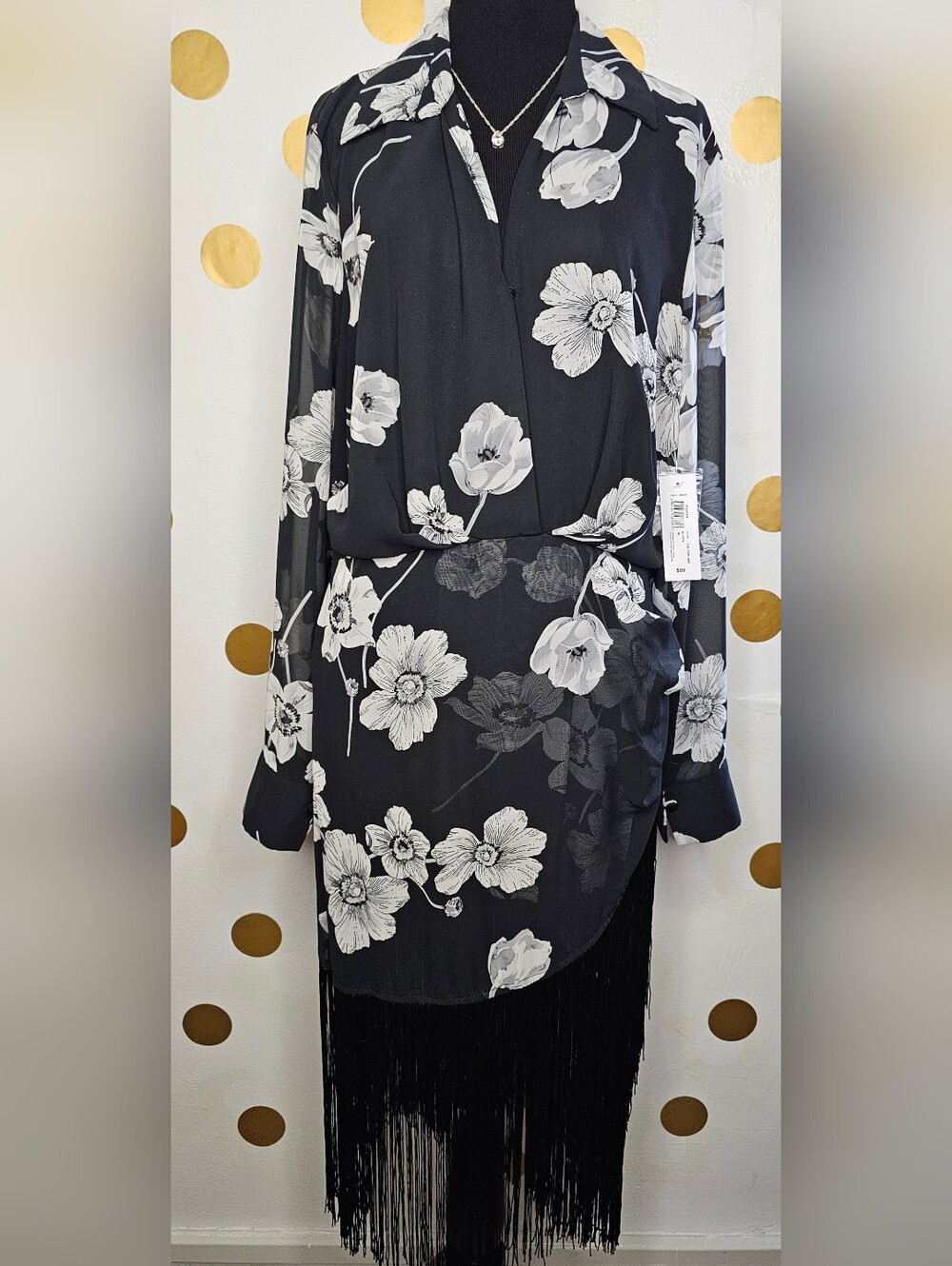 JCPenney Black and White Floral Long Sleeve Dress - Size: 10